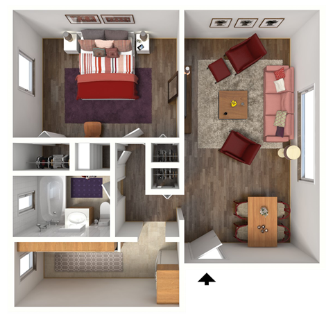 Floor plan for 1 bed, 1 bath, 685 sqft